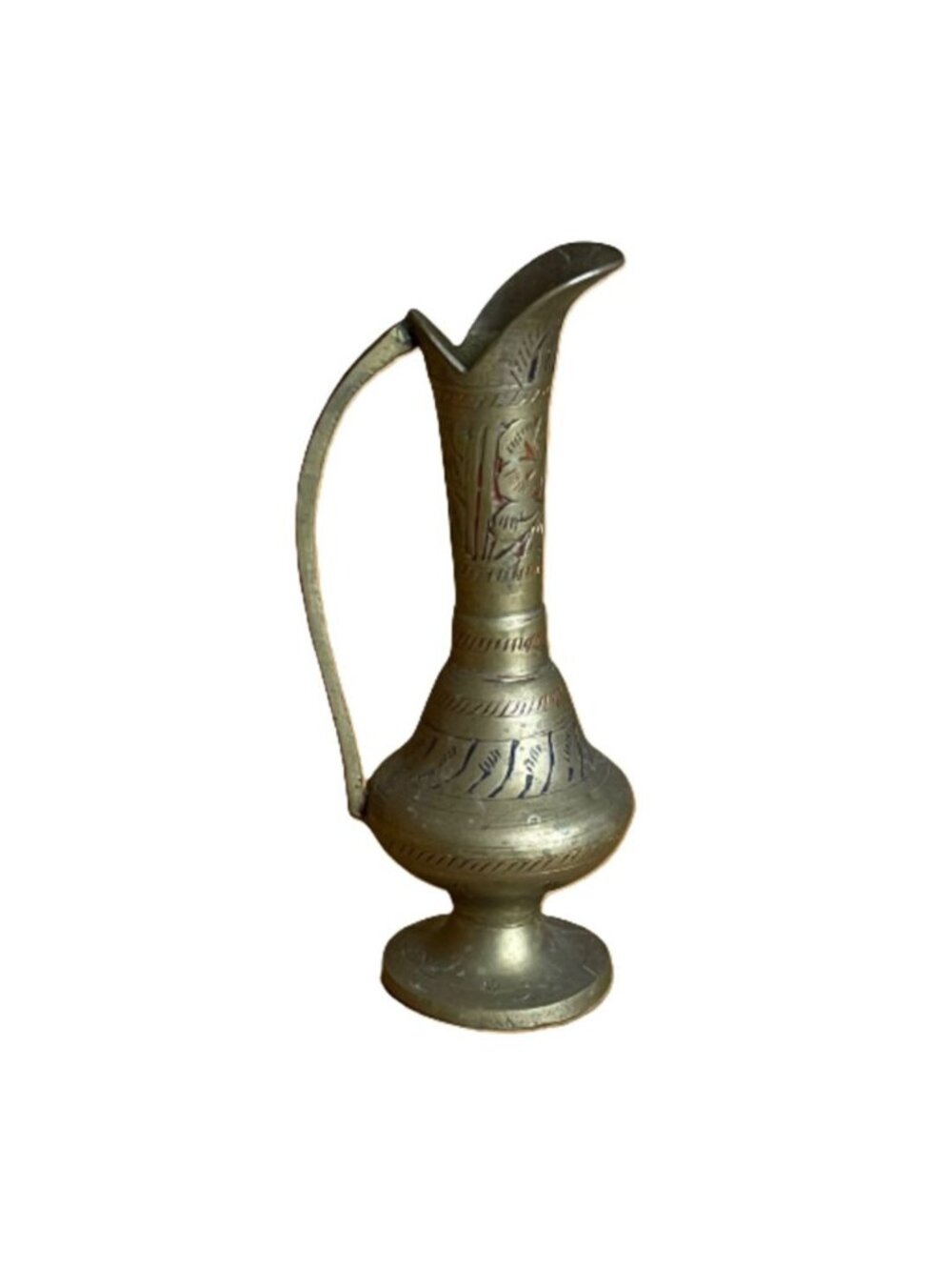 Vintage 6” Etched Brass Pitcher Made in India Boho Decor Ewer Dotted Mark 1960s